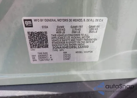 2025 Chevrolet Equinox Fwd Lt из США, поврежденный, VIN 3GNAXHEG9SL122003